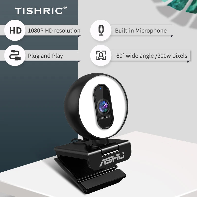 TISHRIC Full HD Computer Web Camera 1080P Webcam 60fps with Microphone Web Cam USB PC Camera For Webcast Network Teaching