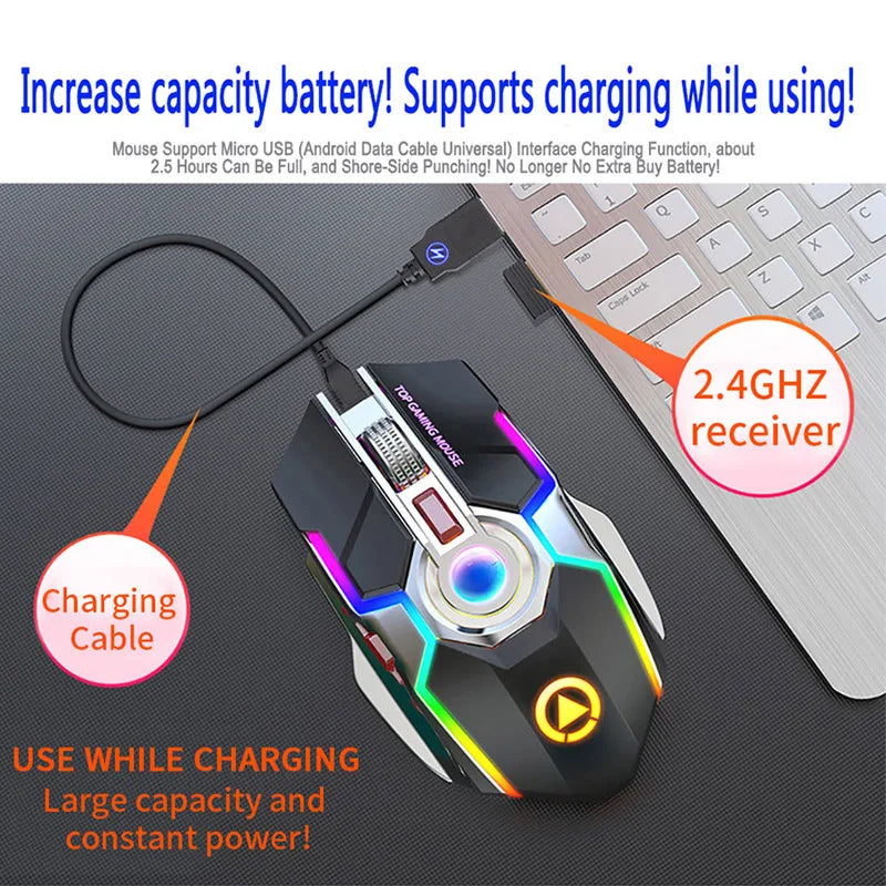 Rechargeable RGB Wireless Gamer Mouse Quiet Click Metal Wheel Office 1600 DPI Optical For PC Laptop Computer Black Grey Highend