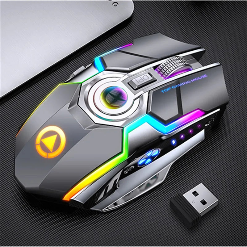 Rechargeable RGB Wireless Gamer Mouse Quiet Click Metal Wheel Office 1600 DPI Optical For PC Laptop Computer Black Grey Highend