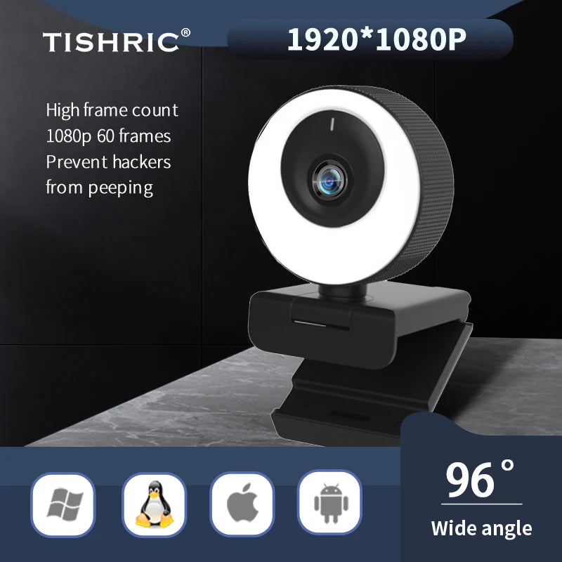 TISHRIC H780 1080P Webcam 60fps Web Cam Web Camera USB With Anti Peeping Cover Fill Light and Beauty PC Camera Live Webcam