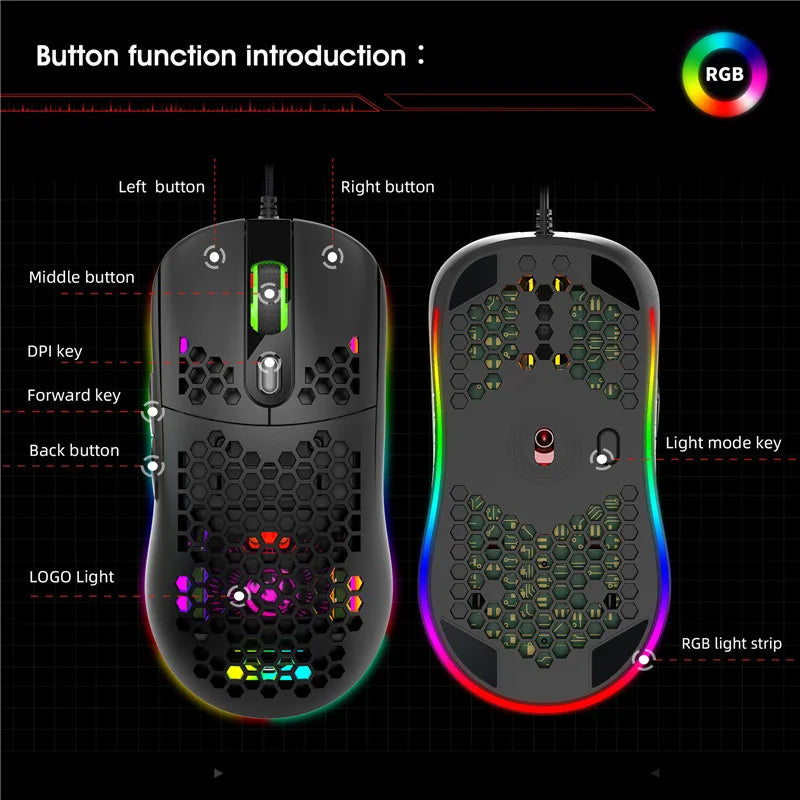 Lightweight USB Wired RGB Gaming Mouse Professional Led 6 Adjustable 6400 DPI For PC Computer Laptop Black Macro Programming