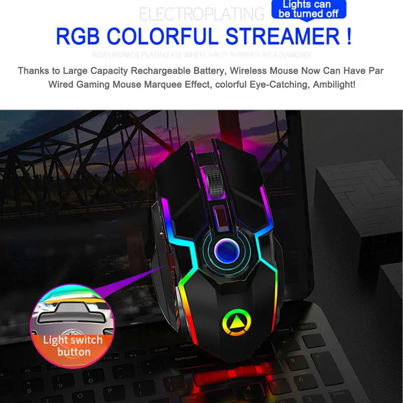 Rechargeable RGB Wireless Gamer Mouse Quiet Click Metal Wheel Office 1600 DPI Optical For PC Laptop Computer Black Grey Highend