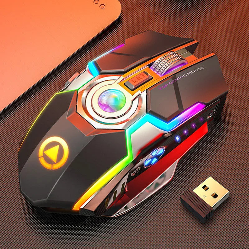 Rechargeable RGB Wireless Gamer Mouse Quiet Click Metal Wheel Office 1600 DPI Optical For PC Laptop Computer Black Grey Highend