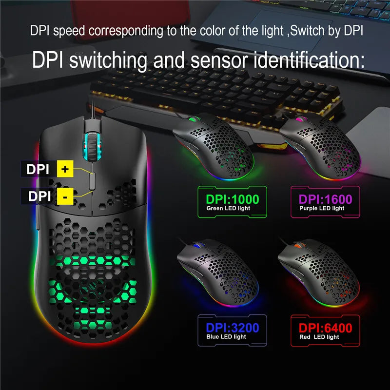 Lightweight RGB Wired Gaming Mouse 6400 DPI Honeycomb Hollow For Computer Laptop PC White Black Macro Programming High Quality