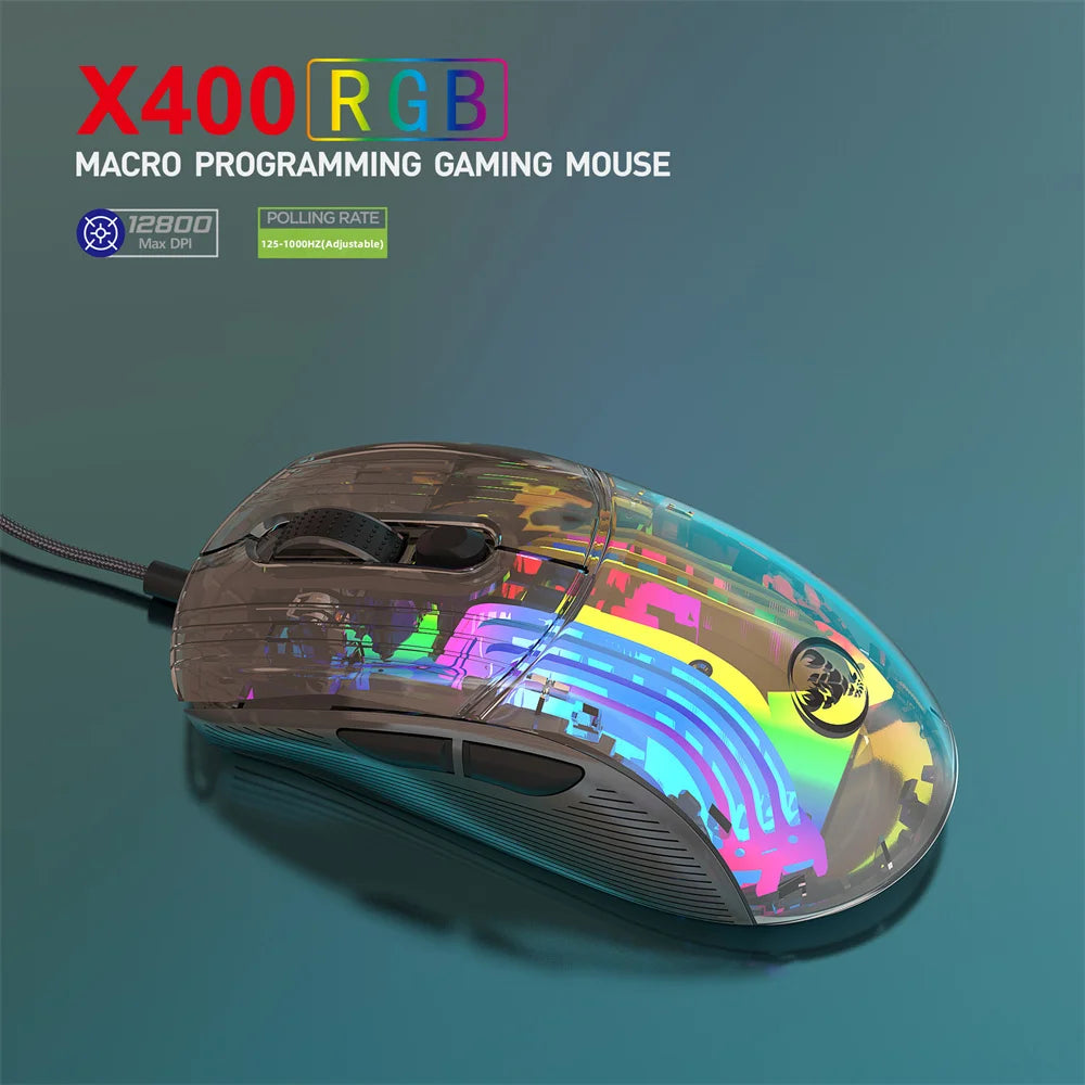 Newest High Quality Transparent USB Wired Gamer Mouse RGB 12800 DPI For PC Computer Laptop White Black Macro Programming LX400