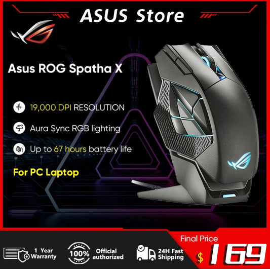 Asus ROG Spatha X Wireless Gaming Mouse 19000 DPI Sensor Magnetic Charging Stand 12 Programmable Buttons Aura RGB Lighting