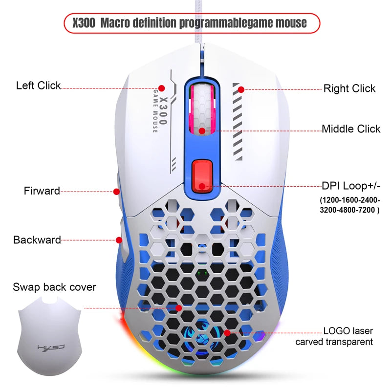 Highend Lightweight USB Wired RGB Gaming Mouse 7200DPI Honeycomb Shell Ergonomic For Computer PC Laptop Macro Programming