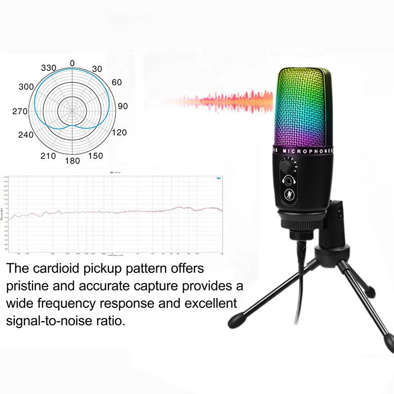 Professional Condenser Microphone With RGB Light USB Recording Microphone for PC Computer Streaming Studio Video Podcasting Mic