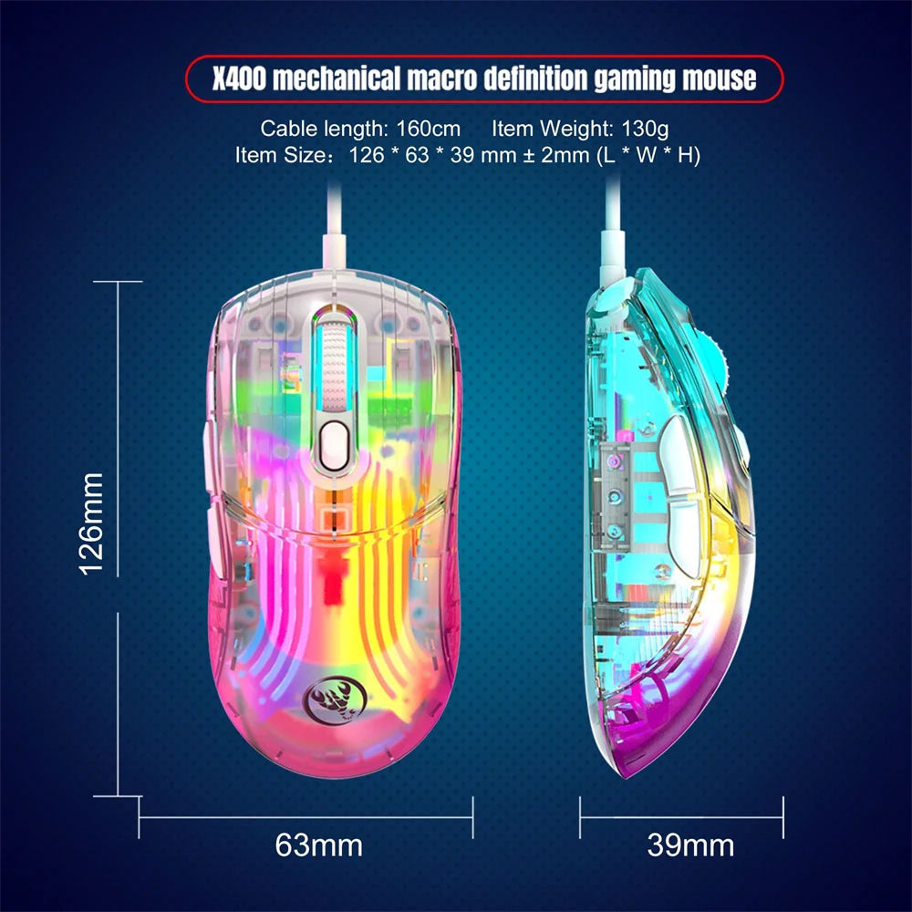 Newest Highend Transparent USB Wired Gaming Mouse RGB 12800 DPI For PC Computer Laptop White Black Macro Programming LX400