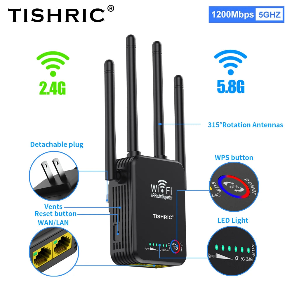 TISHRIC Wireless Repeater Wifi Signal Amplifier Wifi Extender Long Range Wifi Repeater Gigabit Router Repeater 1200Mbps