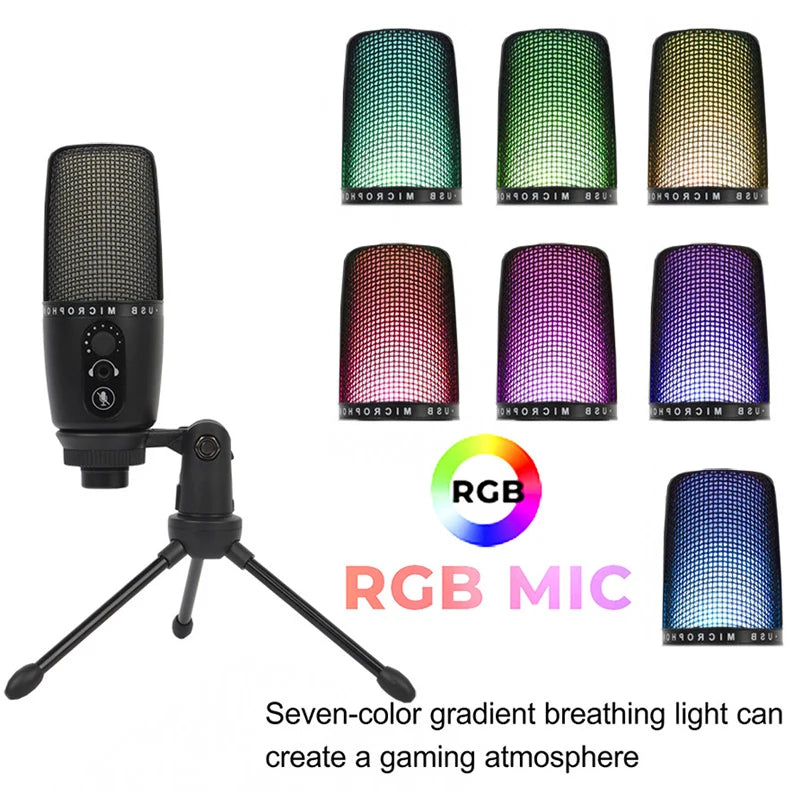 Professional Condenser Microphone With RGB Light USB Recording Microphone for PC Computer Streaming Studio Video Podcasting Mic