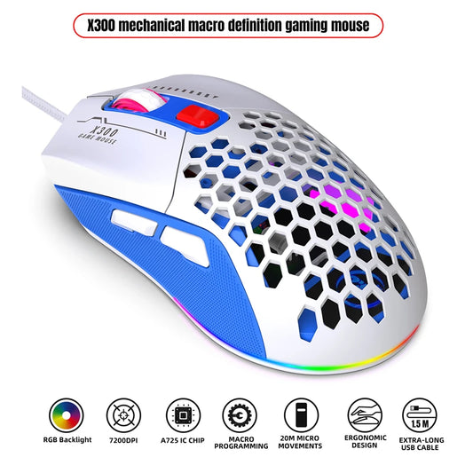 Highend Lightweight USB Wired RGB Gaming Mouse 7200DPI Honeycomb Shell Ergonomic For Computer PC Laptop Macro Programming