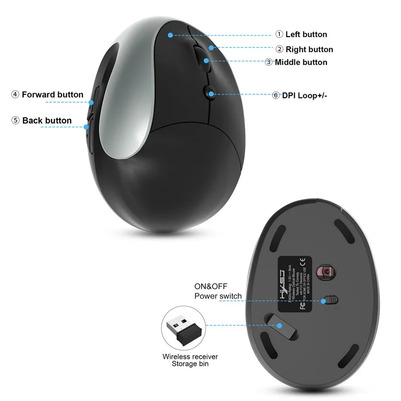 New Rechargeable Ergonomic Vertical 2.4G Wireless Mouse 2400 DPI Mute Click For Computer PC Laptop Black Grey Comfortable LX10