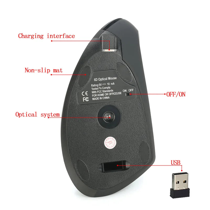 New Rechargeable Ergonomic Vertical 2.4G Wireless Mouse 2400 DPI for Home Office For PC Laptop Black Grey Comfortable LT22