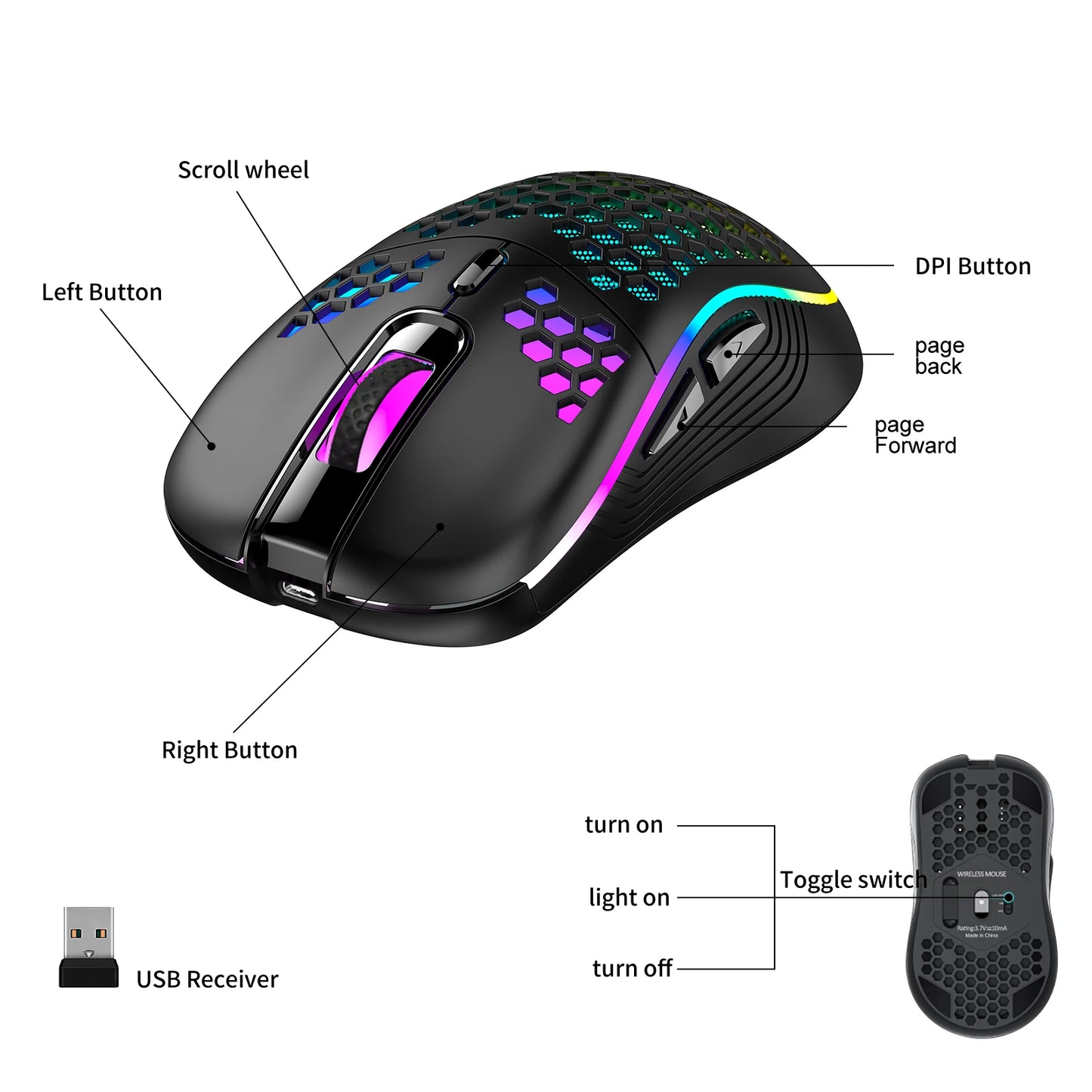 Lightweight 2.4G Wireless Wired RGB Gaming Mouse 7200DPI Honeycomb Shell Ergonomic For Computer PC Laptop Black White Pink